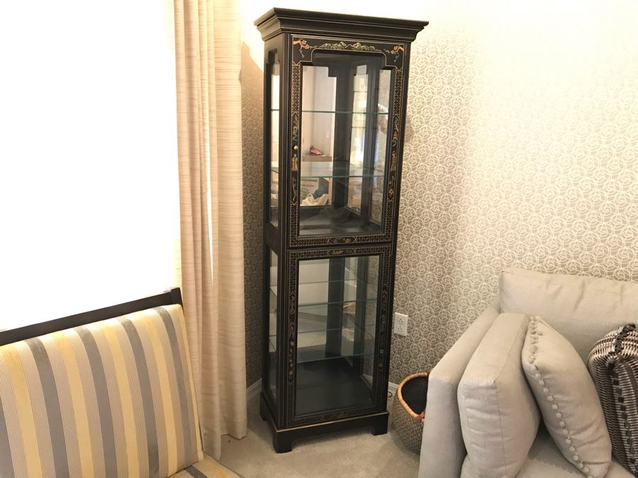 Vintage Black Chinoiserie Curio Display Cabinet With Glass Shelving 24W X 14D X 71H [Photo 2]