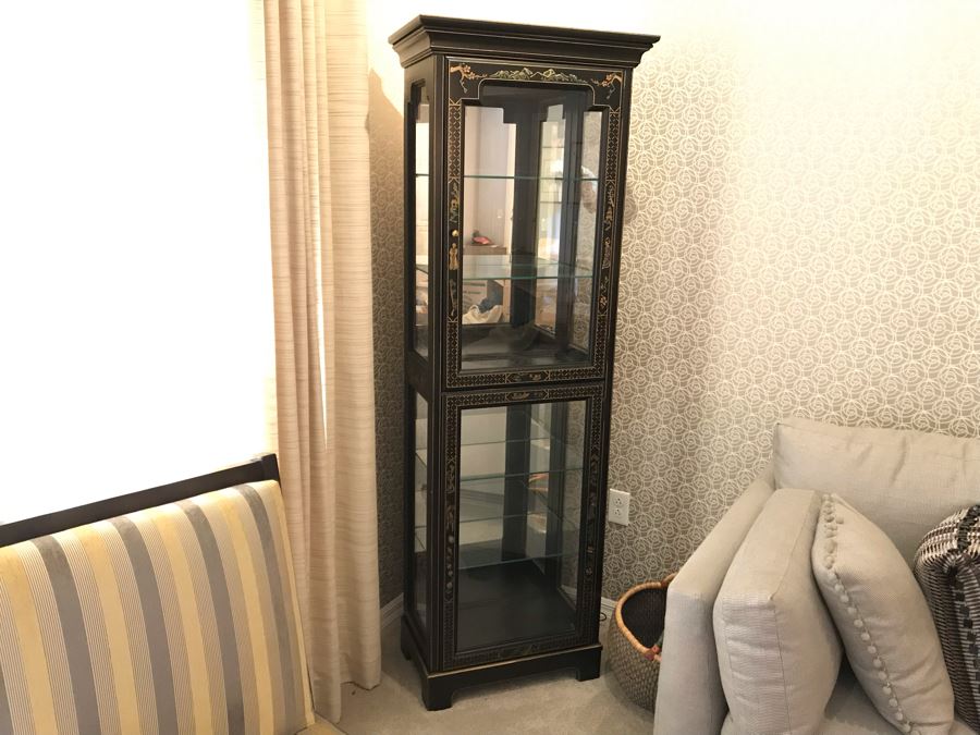 Vintage Black Chinoiserie Curio Display Cabinet With Glass Shelving 24W X 14D X 71H [Photo 1]