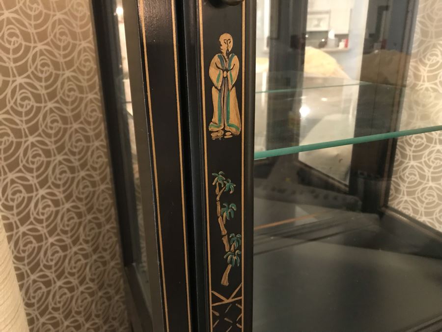 Vintage Black Chinoiserie Curio Display Cabinet With Glass Shelving 24W X 14D X 71H [Photo 6]