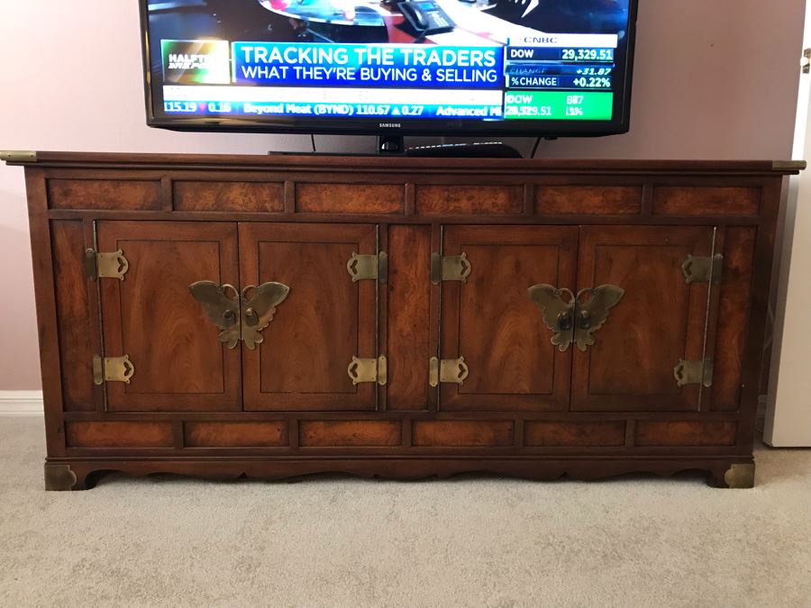 Vintage Chinoiserie Wooden Credenza Cabinet Campaing Style With Brass Hardware 60W X 16D X 27H [Photo 2]