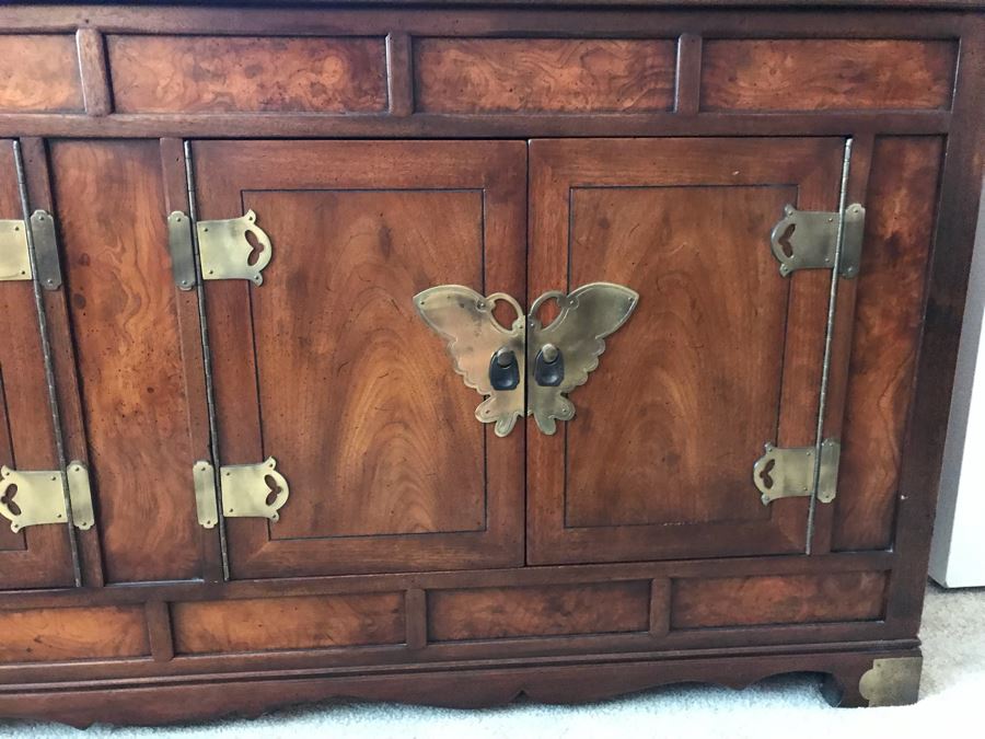 Vintage Chinoiserie Wooden Credenza Cabinet Campaing Style With Brass Hardware 60W X 16D X 27H [Photo 5]