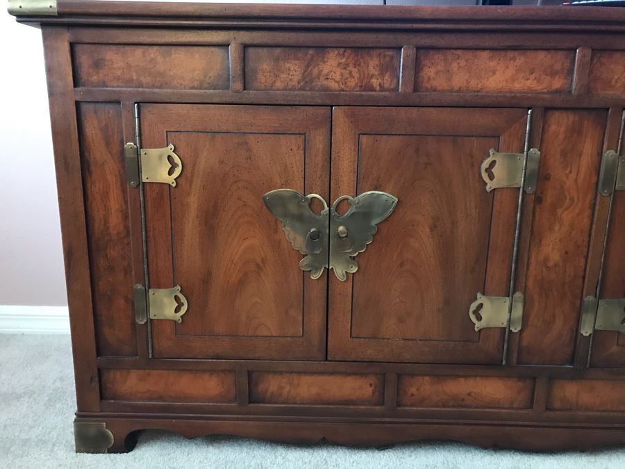 Vintage Chinoiserie Wooden Credenza Cabinet Campaing Style With Brass Hardware 60W X 16D X 27H [Photo 4]
