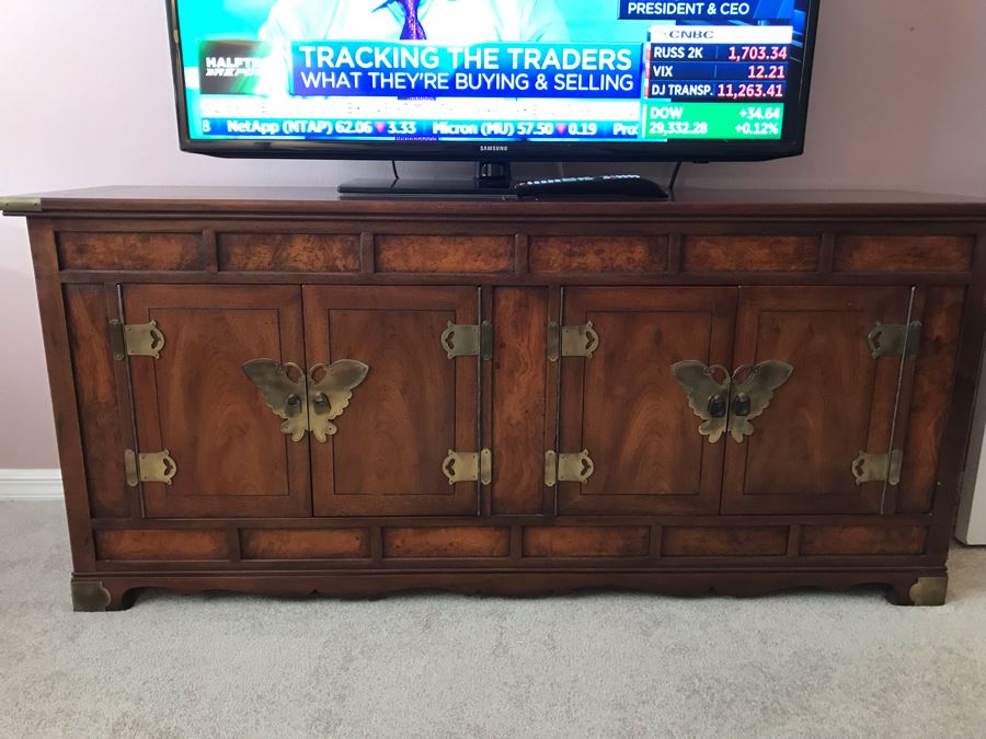 Vintage Chinoiserie Wooden Credenza Cabinet Campaing Style With Brass Hardware 60W X 16D X 27H [Photo 3]