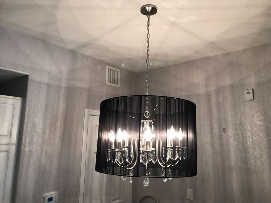 Modern Handing Silver Tone Chandelier Light Fixture With Black Shade [Photo 1]