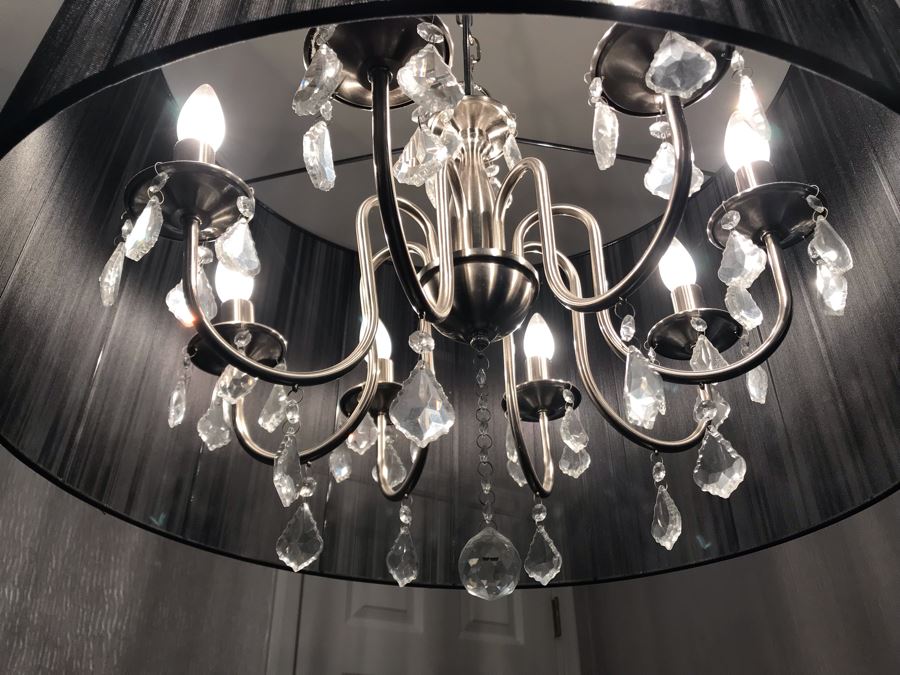 Modern Handing Silver Tone Chandelier Light Fixture With Black Shade [Photo 9]