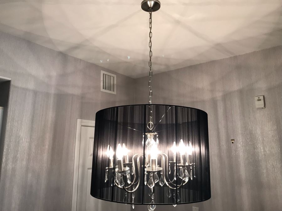 Modern Handing Silver Tone Chandelier Light Fixture With Black Shade [Photo 2]