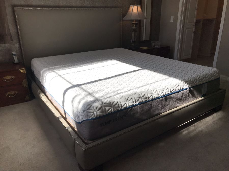 Modern Silver Tone Bedframe With Padded Headboard And Nailheads Cal King Size - Does Not Include Mattress [Photo 5]