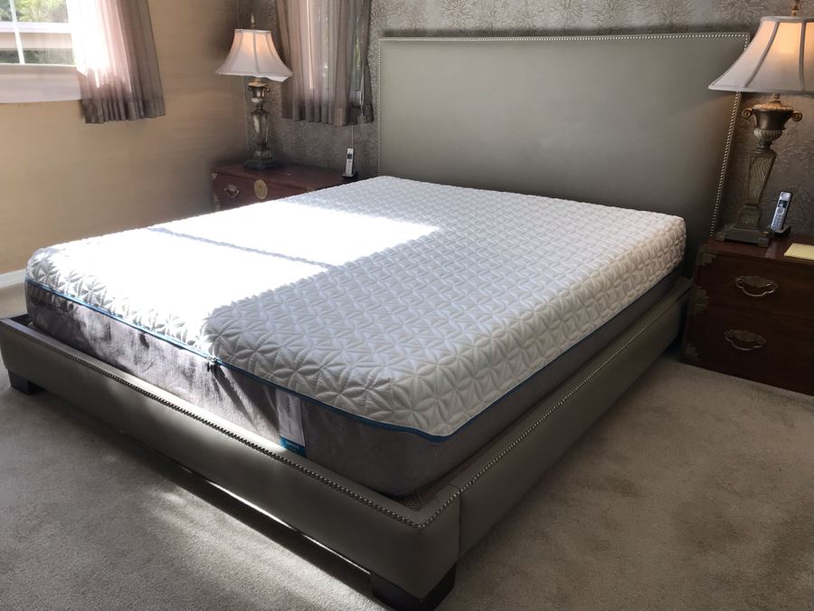 Modern Silver Tone Bedframe With Padded Headboard And Nailheads Cal King Size - Does Not Include Mattress [Photo 6]