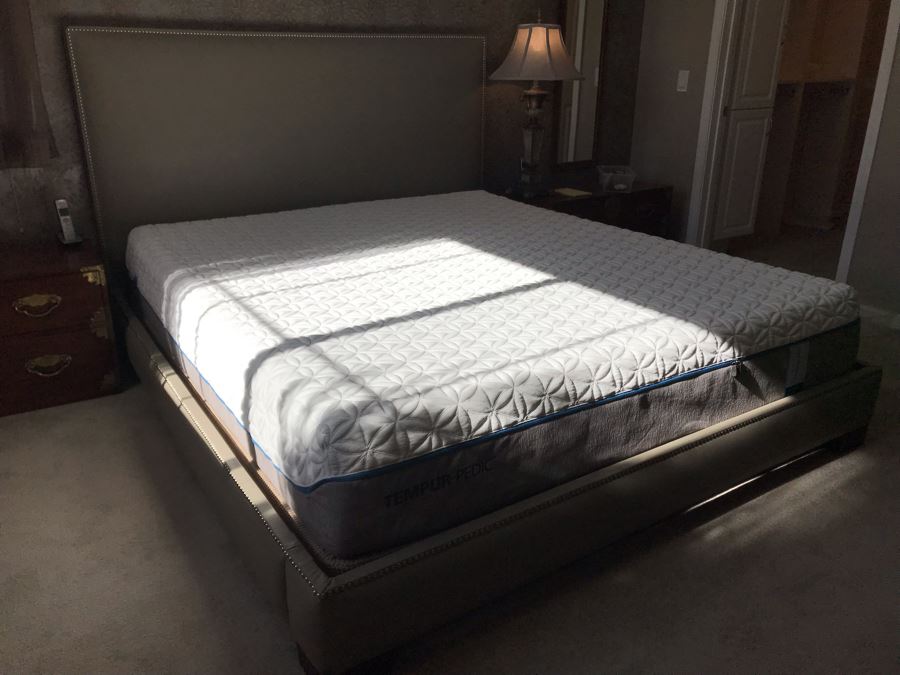 Modern Silver Tone Bedframe With Padded Headboard And Nailheads Cal King Size - Does Not Include Mattress [Photo 4]