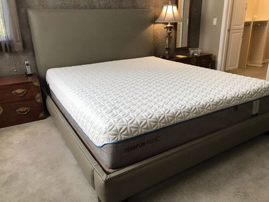 Modern Silver Tone Bedframe With Padded Headboard And Nailheads Cal King Size - Does Not Include Mattress [Photo 3]