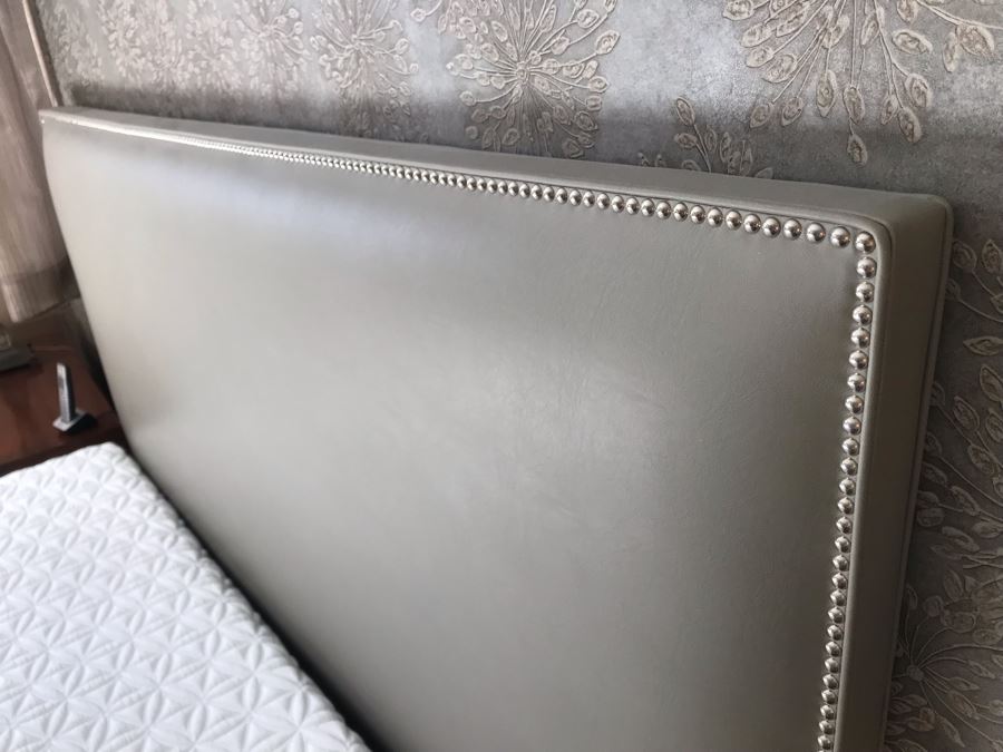 Modern Silver Tone Bedframe With Padded Headboard And Nailheads Cal King Size - Does Not Include Mattress [Photo 7]