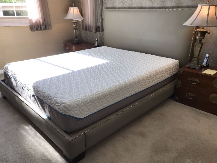 Modern Silver Tone Bedframe With Padded Headboard And Nailheads Cal King Size - Does Not Include Mattress [Photo 2]