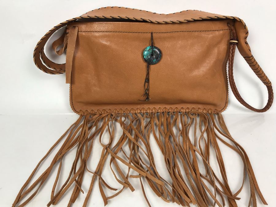 Henry Beguelin Leather Handbag Native American Motif With Turquoise Donut - Appears To Be New [Photo 2]