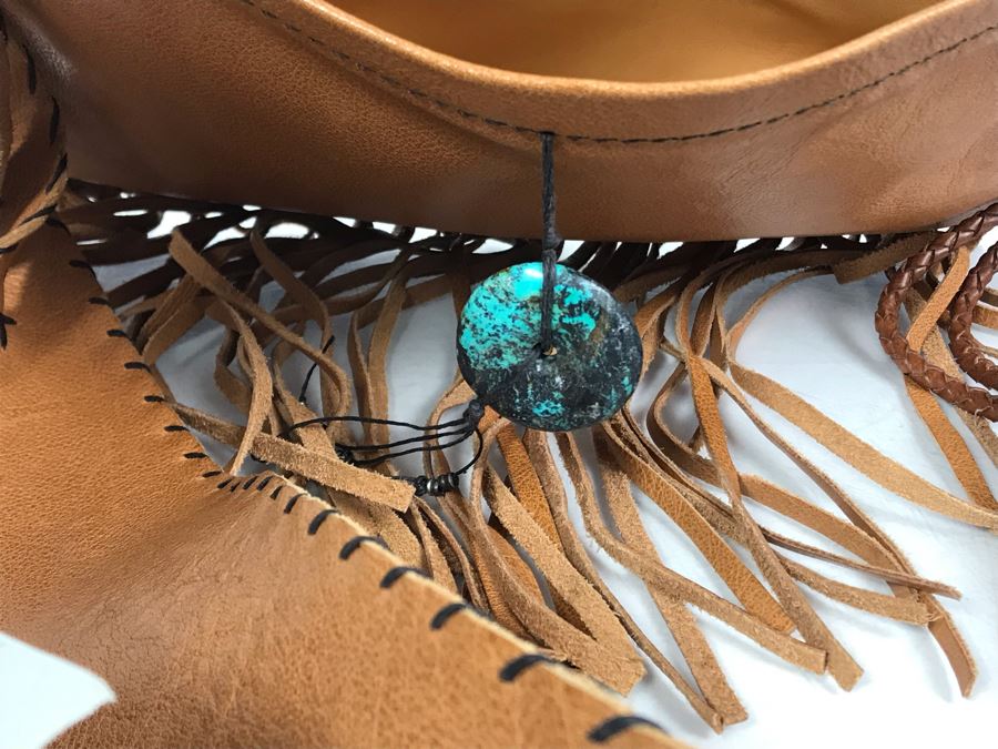 Henry Beguelin Leather Handbag Native American Motif With Turquoise Donut - Appears To Be New [Photo 15]