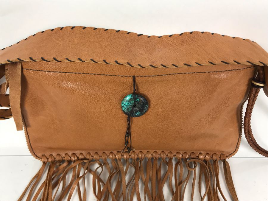 Henry Beguelin Leather Handbag Native American Motif With Turquoise Donut - Appears To Be New [Photo 7]