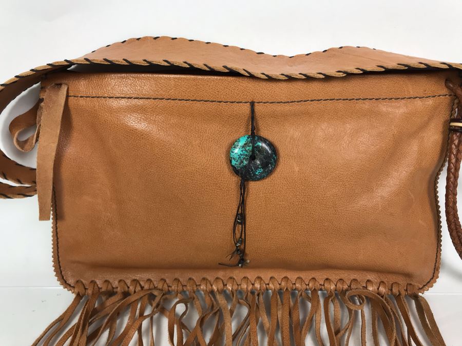 Henry Beguelin Leather Handbag Native American Motif With Turquoise Donut - Appears To Be New [Photo 3]