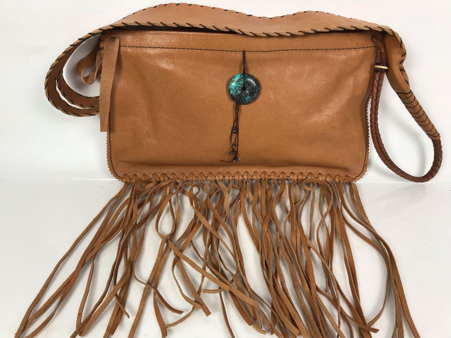 Henry Beguelin Leather Handbag Native American Motif With Turquoise Donut - Appears To Be New [Photo 1]