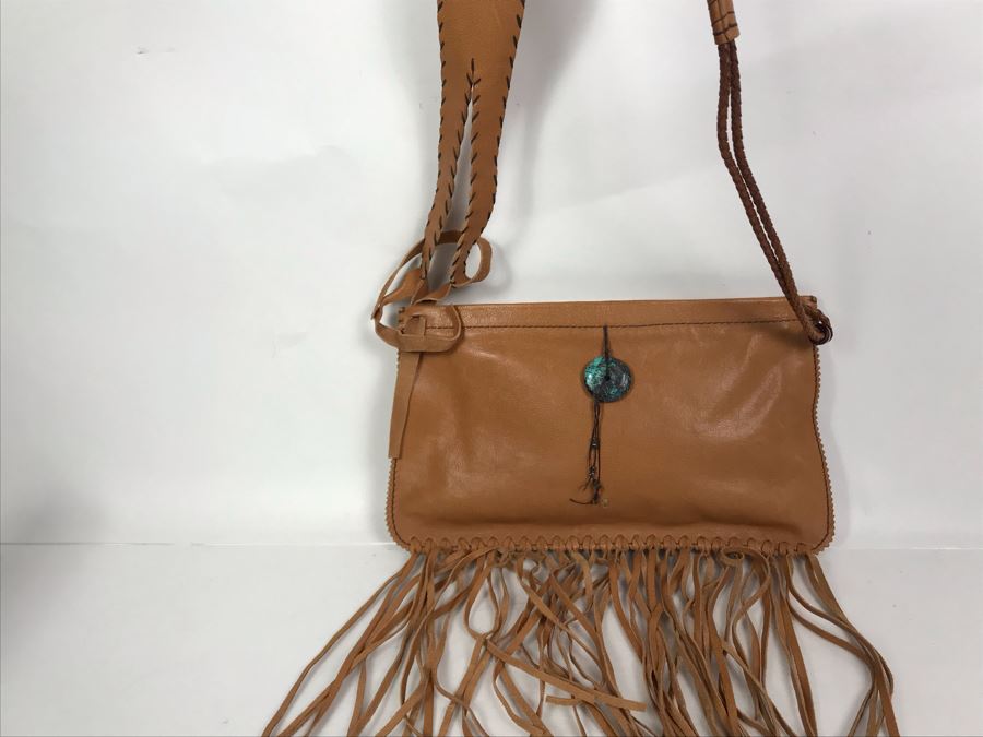Henry Beguelin Leather Handbag Native American Motif With Turquoise Donut - Appears To Be New [Photo 9]