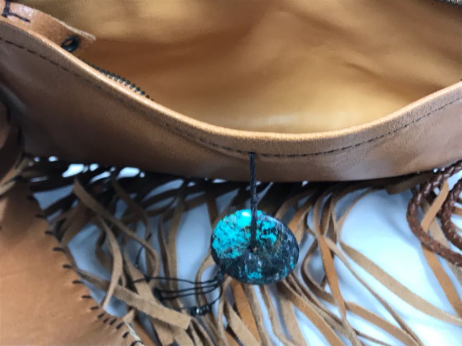 Henry Beguelin Leather Handbag Native American Motif With Turquoise Donut - Appears To Be New [Photo 14]