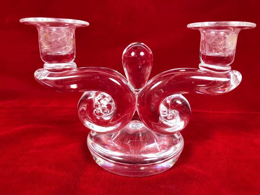 Signed Steuben Crystal Double Candelabra Candle Holder Centerpiece 7W X 4.5H