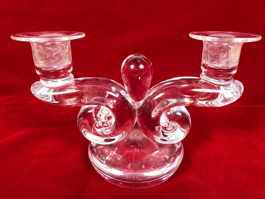 Signed Steuben Crystal Double Candelabra Candle Holder Centerpiece 7W X 4.5H [Photo 2]
