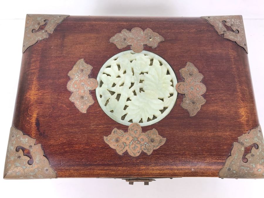 Vintage Chinese Wooden Jewelry Box With Jade Medallion, Brass Chased Hardware And Some Jewelry And Buttons 9W X 7D X 4.5H - See Photos [Photo 17]