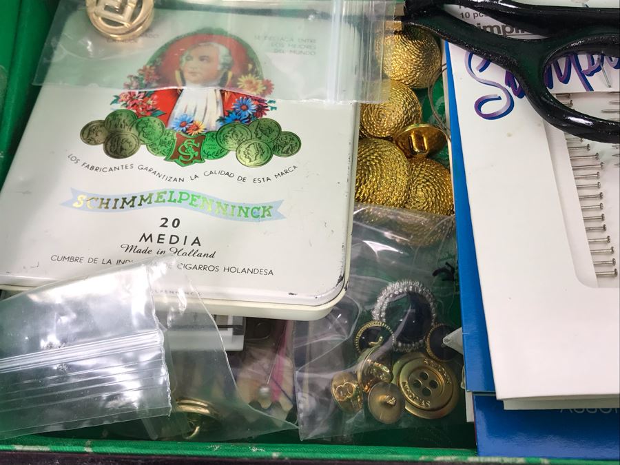 Vintage Chinese Wooden Jewelry Box With Jade Medallion, Brass Chased Hardware And Some Jewelry And Buttons 9W X 7D X 4.5H - See Photos [Photo 12]