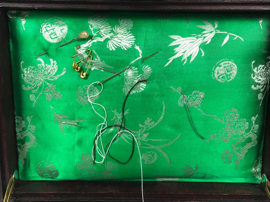 Vintage Chinese Wooden Jewelry Box With Jade Medallion, Brass Chased Hardware And Some Jewelry And Buttons 9W X 7D X 4.5H - See Photos [Photo 13]