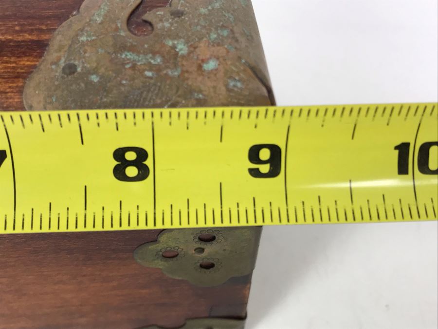 Vintage Chinese Wooden Jewelry Box With Jade Medallion, Brass Chased Hardware And Some Jewelry And Buttons 9W X 7D X 4.5H - See Photos [Photo 25]