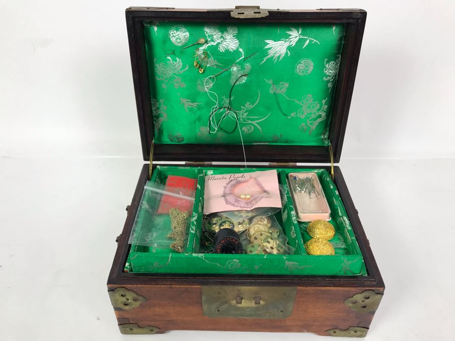 Vintage Chinese Wooden Jewelry Box With Jade Medallion, Brass Chased Hardware And Some Jewelry And Buttons 9W X 7D X 4.5H - See Photos [Photo 2]