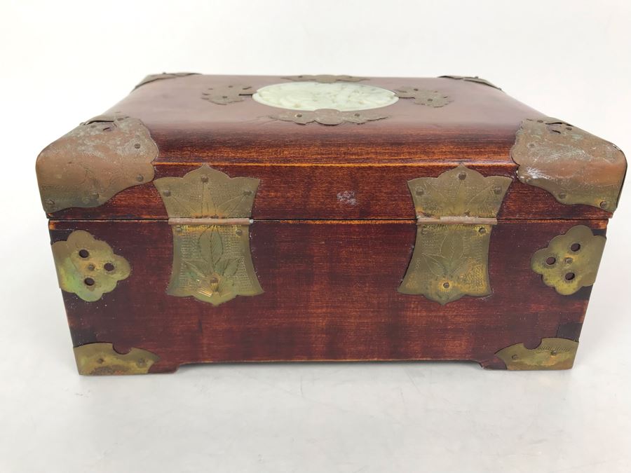 Vintage Chinese Wooden Jewelry Box With Jade Medallion Brass Chased Hardware And Some Jewelry 4506