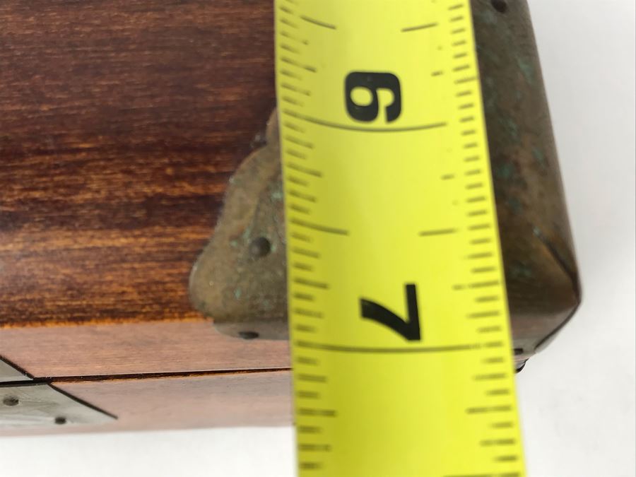 Vintage Chinese Wooden Jewelry Box With Jade Medallion, Brass Chased Hardware And Some Jewelry And Buttons 9W X 7D X 4.5H - See Photos [Photo 26]