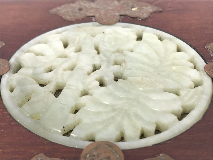 Vintage Chinese Wooden Jewelry Box With Jade Medallion, Brass Chased Hardware And Some Jewelry And Buttons 9W X 7D X 4.5H - See Photos [Photo 15]