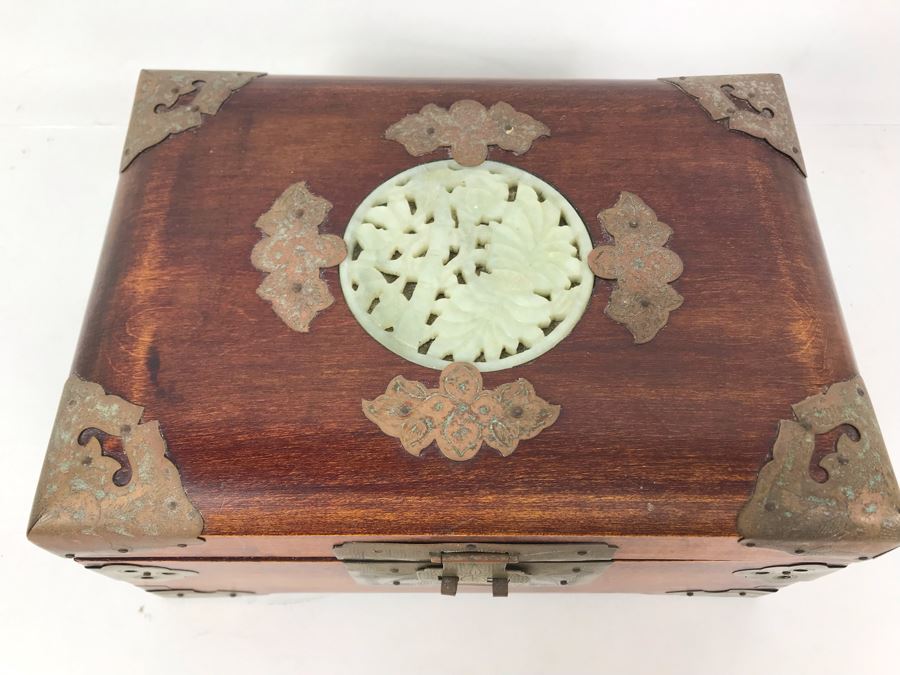 Vintage Chinese Wooden Jewelry Box With Jade Medallion, Brass Chased Hardware And Some Jewelry And Buttons 9W X 7D X 4.5H - See Photos [Photo 1]