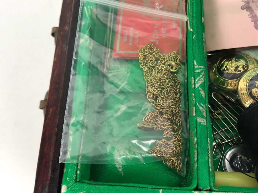 Vintage Chinese Wooden Jewelry Box With Jade Medallion, Brass Chased Hardware And Some Jewelry And Buttons 9W X 7D X 4.5H - See Photos [Photo 9]