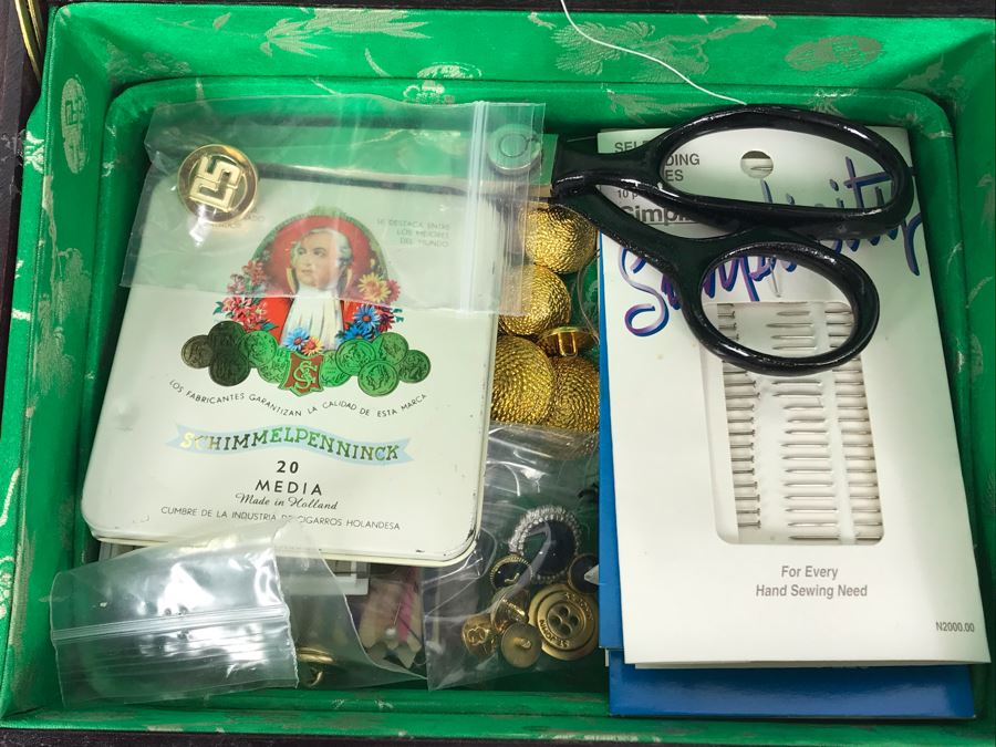 Vintage Chinese Wooden Jewelry Box With Jade Medallion, Brass Chased Hardware And Some Jewelry And Buttons 9W X 7D X 4.5H - See Photos [Photo 11]