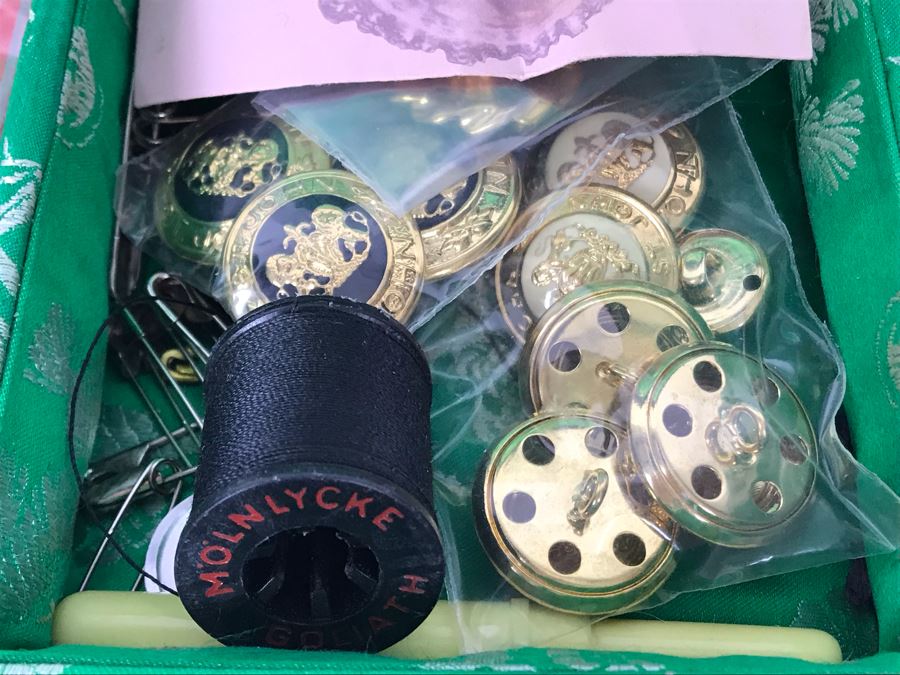 Vintage Chinese Wooden Jewelry Box With Jade Medallion, Brass Chased Hardware And Some Jewelry And Buttons 9W X 7D X 4.5H - See Photos [Photo 7]