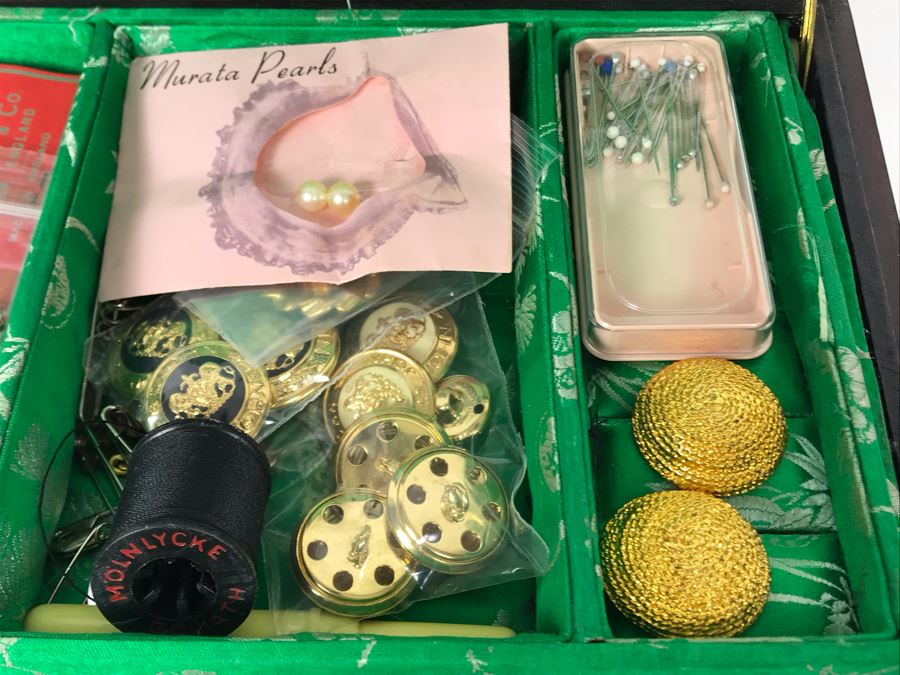 Vintage Chinese Wooden Jewelry Box With Jade Medallion, Brass Chased Hardware And Some Jewelry And Buttons 9W X 7D X 4.5H - See Photos [Photo 10]