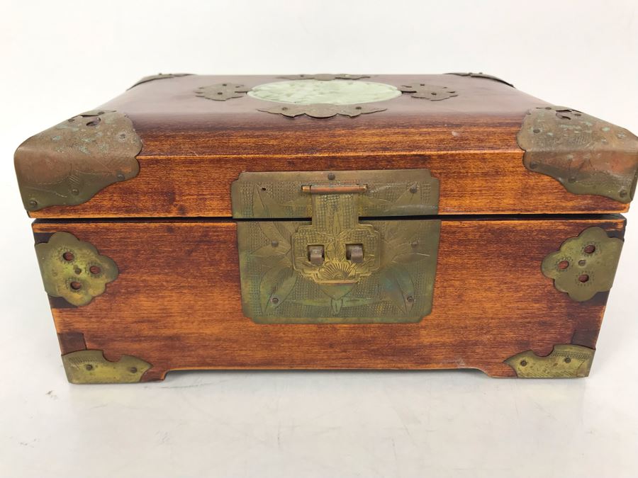 Vintage Chinese Wooden Jewelry Box With Jade Medallion, Brass Chased Hardware And Some Jewelry And Buttons 9W X 7D X 4.5H - See Photos [Photo 14]