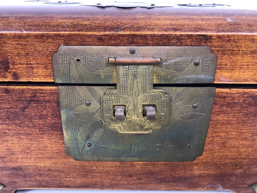 Vintage Chinese Wooden Jewelry Box With Jade Medallion, Brass Chased Hardware And Some Jewelry And Buttons 9W X 7D X 4.5H - See Photos [Photo 18]