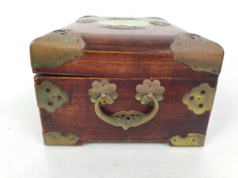 Vintage Chinese Wooden Jewelry Box With Jade Medallion, Brass Chased Hardware And Some Jewelry And Buttons 9W X 7D X 4.5H - See Photos [Photo 22]