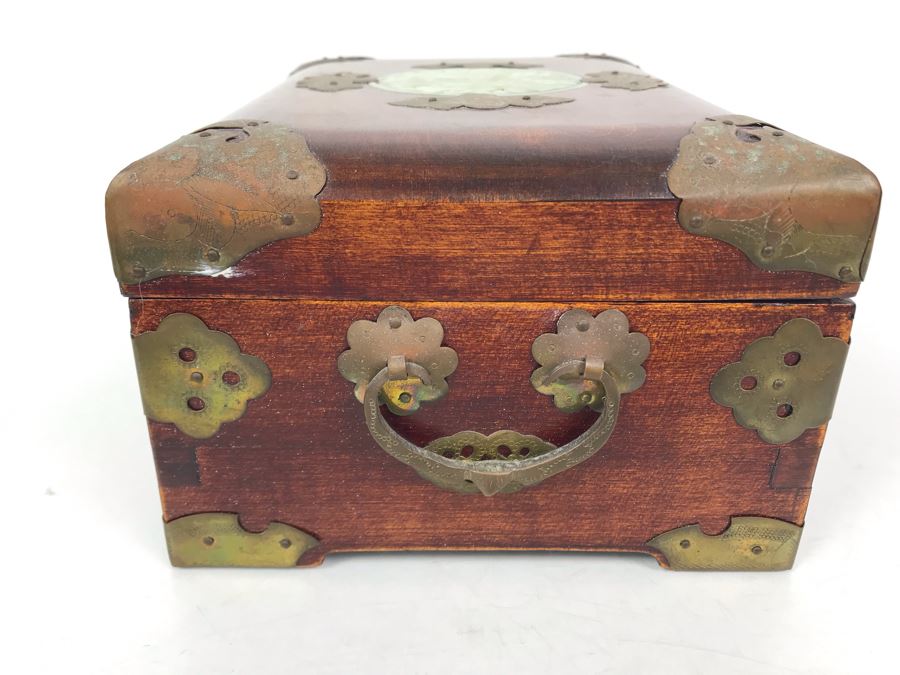 Vintage Chinese Wooden Jewelry Box With Jade Medallion, Brass Chased Hardware And Some Jewelry And Buttons 9W X 7D X 4.5H - See Photos [Photo 20]