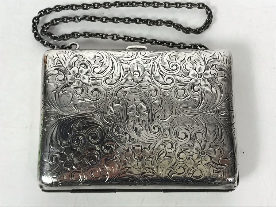 JUST ADDED - Vintage Hand Chased Sterling Silver Purse Evening Bag Wallet Floral Motif 4 X 2.5 172.2g [Photo 4]