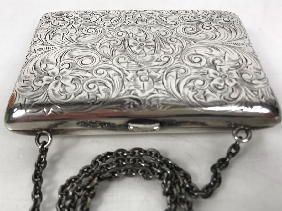 JUST ADDED - Vintage Hand Chased Sterling Silver Purse Evening Bag Wallet Floral Motif 4 X 2.5 172.2g [Photo 7]
