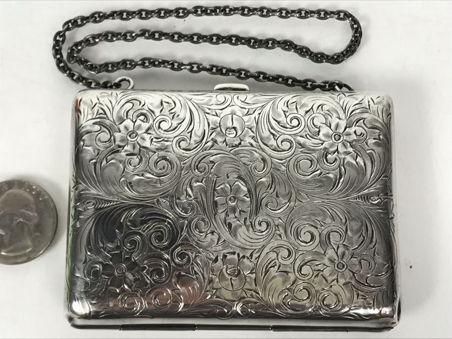 JUST ADDED - Vintage Hand Chased Sterling Silver Purse Evening Bag Wallet Floral Motif 4 X 2.5 172.2g [Photo 3]