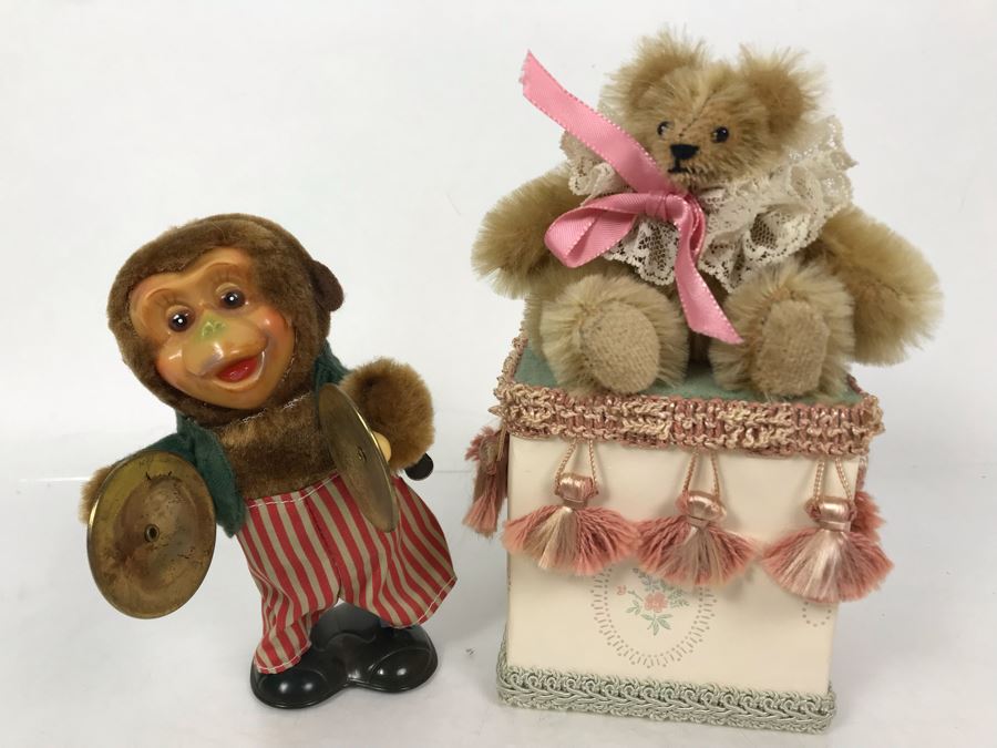 Vintage Working Wind-Up Mechanical Walking Monkey With Cymbals And Mechanical Animated Bear Wind Up Music Box Tender Treasures Designed By Kathleen Robinson [Photo 9]