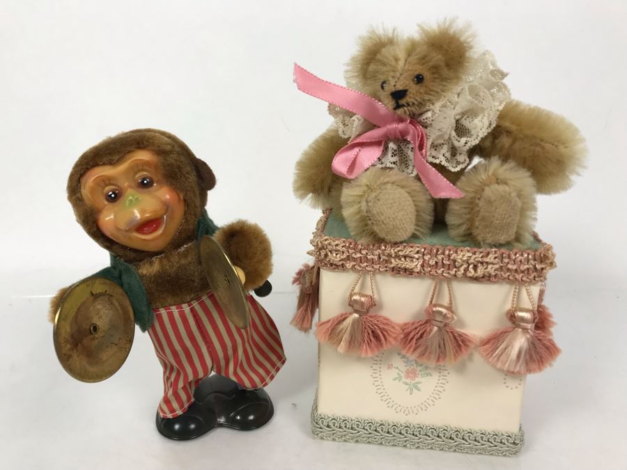 Vintage Working Wind-Up Mechanical Walking Monkey With Cymbals And Mechanical Animated Bear Wind Up Music Box Tender Treasures Designed By Kathleen Robinson [Photo 1]