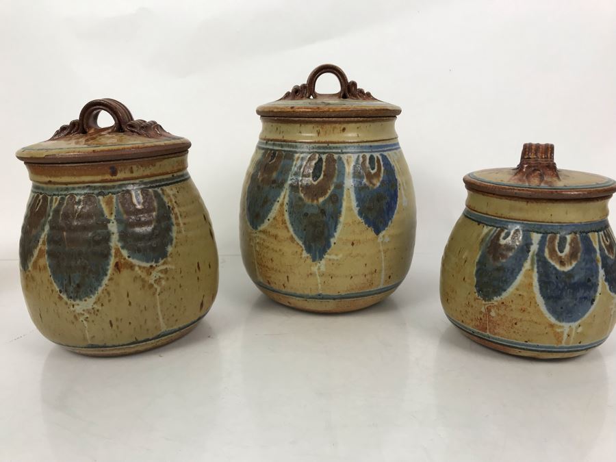 Set Of (3) Signed Pottery Lidded Jars 9.5H