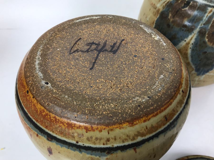 Set Of (3) Signed Pottery Lidded Jars 9.5H [Photo 7]
