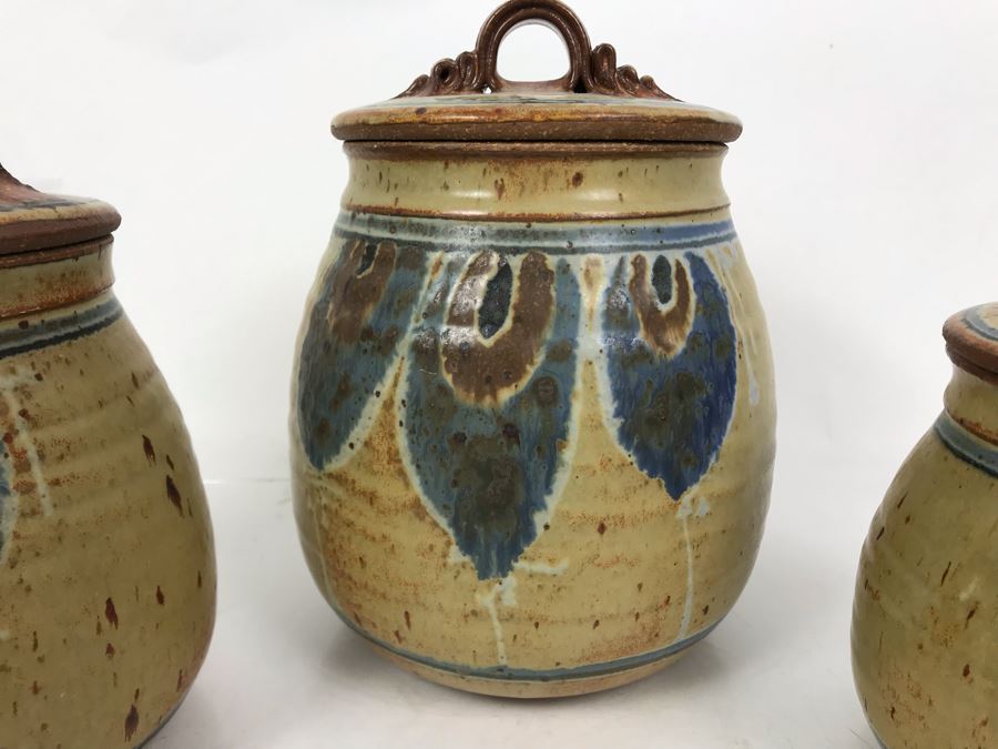 Set Of (3) Signed Pottery Lidded Jars 9.5H [Photo 3]